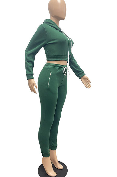 Dark Green Lady Autumn Winter Sexy Casual Crop Hoodie Bandage Zipper Sweater And Velvet Pants Sets JP1056-3