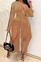 Khaki Women Sexy Deep V Collar Pure Color High Waist Hollow Out Spliced Pants Sets KA7214-2