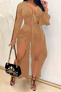 Khaki Women Sexy Deep V Collar Pure Color High Waist Hollow Out Spliced Pants Sets KA7214-2