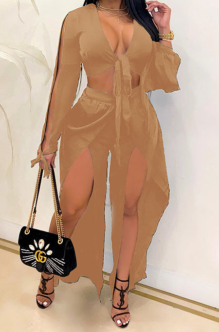 Khaki Women Sexy Deep V Collar Pure Color High Waist Hollow Out Spliced Pants Sets KA7214-2