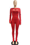 Coffee Women Solid Color Casual Round Collar Long Sleeve Hollow Out Ruffle Sleeve Split Bodycon Jumpsuits JP1055-3