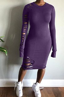 Dark Purple Night Club Women's Long Sleeve Round Neck Hollow Out Bodycon Dress YX9043-3