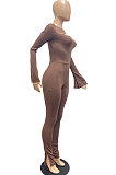 Wine Red Women Solid Color Casual Round Collar Long Sleeve Hollow Out Ruffle Sleeve Split Bodycon Jumpsuits JP1055-2