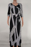 Black White Fashion Luxe Design Printed Half Sleeve Collect Waist Swing For Party Maxi Dress X9330-1