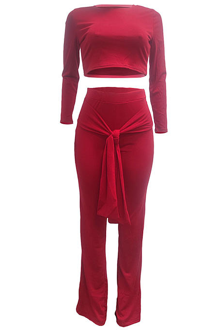 Black Women Trendy Pure Color Round Collar Long Sleeve Crop Bandage Loose Pants Sets JP1053-1