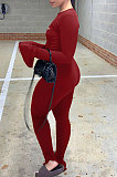 Wine Red Women Solid Color Casual Round Collar Long Sleeve Hollow Out Ruffle Sleeve Split Bodycon Jumpsuits JP1055-2