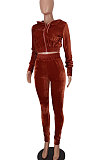 Black Euramerican Women Pure Color Fashion Pleuche Hoodie Coat Zipper Pants Sets ED8535-1