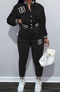 Black Modest Sports Webbing Spliced Letter Printed Long Sleeve Jaket Coat Skinny Pants Baseball Uniform Sets WM21011-3