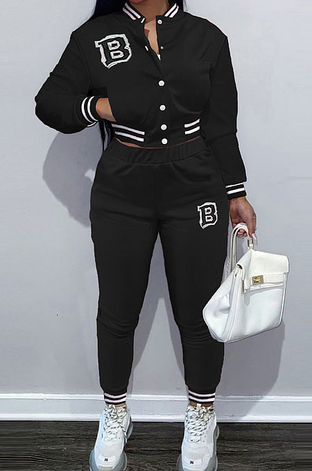 Black Modest Sports Webbing Spliced Letter Printed Long Sleeve Jaket Coat Skinny Pants Baseball Uniform Sets WM21011-3