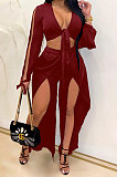 Olive Green Women Sexy Deep V Collar Pure Color High Waist Hollow Out Spliced Pants Sets KA7214-5