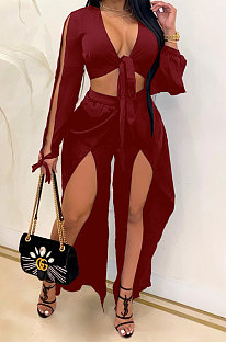 Wine Red Women Sexy Deep V Collar Pure Color High Waist Hollow Out Spliced Pants Sets KA7214-3