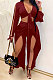 Wine Red Women Sexy Deep V Collar Pure Color High Waist Hollow Out Spliced Pants Sets KA7214-3
