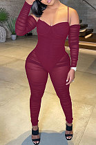 Red Women Sexy Strapless Condole Belt Solid Color Long Sleeve Perspectivity Bodycon Jumpsuits KA7216-2