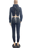 Dark Green Lady Autumn Winter Sexy Casual Crop Hoodie Bandage Zipper Sweater And Velvet Pants Sets JP1056-3