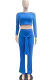 Wine Red Women Trendy Pure Color Round Collar Long Sleeve Crop Bandage Loose Pants Sets JP1053-3