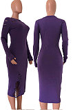 Wine Red Night Club Women's Long Sleeve Round Neck Hollow Out Bodycon Dress YX9043-1