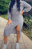 Light Grey Preppy Casual Long Sleeve Drawsting Bandage Slit Hoodie Dress WM21104-2