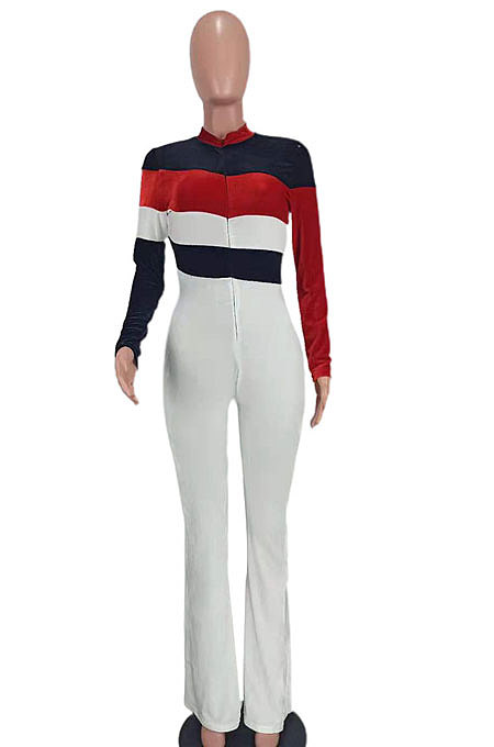 Yellow Women Sexy Velvet Spliced Long Sleeve Zipper Mid Wasit Casual Jumpsuits  ED8532-2
