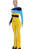 Yellow Women Sexy Velvet Spliced Long Sleeve Zipper Mid Wasit Casual Jumpsuits  ED8532-2