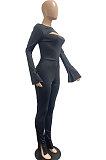 Wine Red Women Solid Color Casual Round Collar Long Sleeve Hollow Out Ruffle Sleeve Split Bodycon Jumpsuits JP1055-2