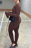 Black Women Solid Color Casual Round Collar Long Sleeve Hollow Out Ruffle Sleeve Split Bodycon Jumpsuits JP1055-1