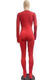 Black Women Solid Color Casual Round Collar Long Sleeve Hollow Out Ruffle Sleeve Split Bodycon Jumpsuits JP1055-1