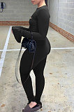Black Women Solid Color Casual Round Collar Long Sleeve Hollow Out Ruffle Sleeve Split Bodycon Jumpsuits JP1055-1