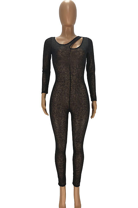 Orange Sexy Night Club See-Through Long Sleeve Solid Color Bodycon Jumpsuits YT3292-4