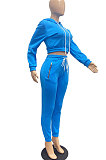 Dark Green Lady Autumn Winter Sexy Casual Crop Hoodie Bandage Zipper Sweater And Velvet Pants Sets JP1056-3