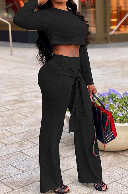 Royal Blue Women Trendy Pure Color Round Collar Long Sleeve Crop Bandage Loose Pants Sets JP1053-4