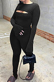 Black Women Solid Color Casual Round Collar Long Sleeve Hollow Out Ruffle Sleeve Split Bodycon Jumpsuits JP1055-1