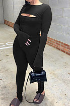 Black Women Solid Color Casual Round Collar Long Sleeve Hollow Out Ruffle Sleeve Split Bodycon Jumpsuits JP1055-1