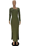 Black Ribber New Long Sleeve Double-Breasted Slim Fitting Hem Slit Dress YT3295-1
