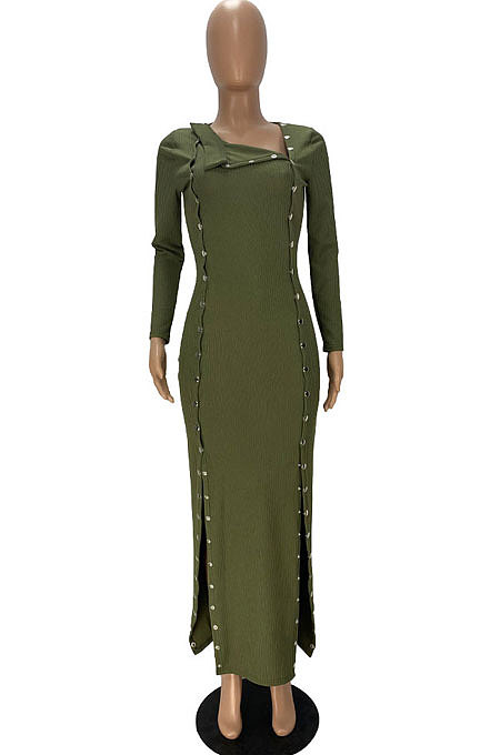 Black Ribber New Long Sleeve Double-Breasted Slim Fitting Hem Slit Dress YT3295-1