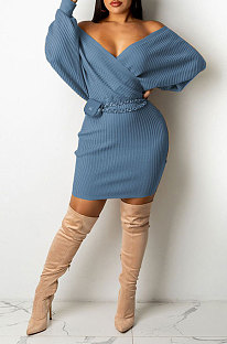 Sky Blue Women Sexy Deep V Collar Solid Color Mini Dress KA7212-4