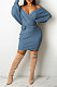Sky Blue Women Sexy Deep V Collar Solid Color Mini Dress KA7212-4
