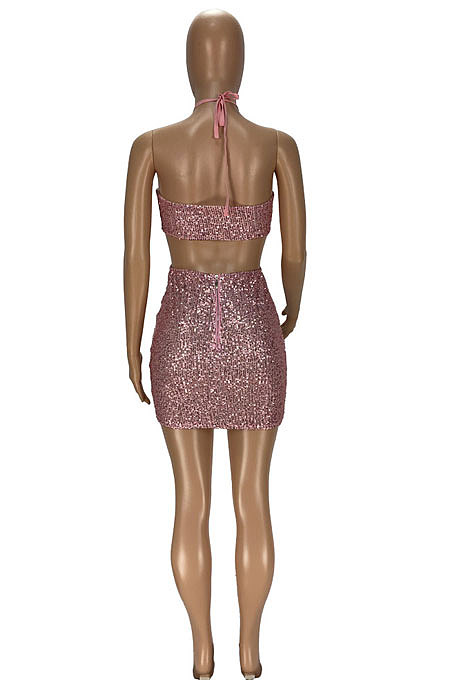Wine Red Sexy Luxe Sequins Halter Neck Backless Hollow Out Hip Dress YT3293-3