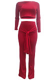 Gray Women Trendy Pure Color Round Collar Long Sleeve Crop Bandage Loose Pants Sets JP1053-2