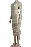 Golden Sexy Euramerican Backless Sequins Bodycon Hip High Waist Midi Dress KA7213-3