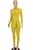 Yellow Women Solid Color High Collar Ribber Irregular Top Pants Sets ED8531-1