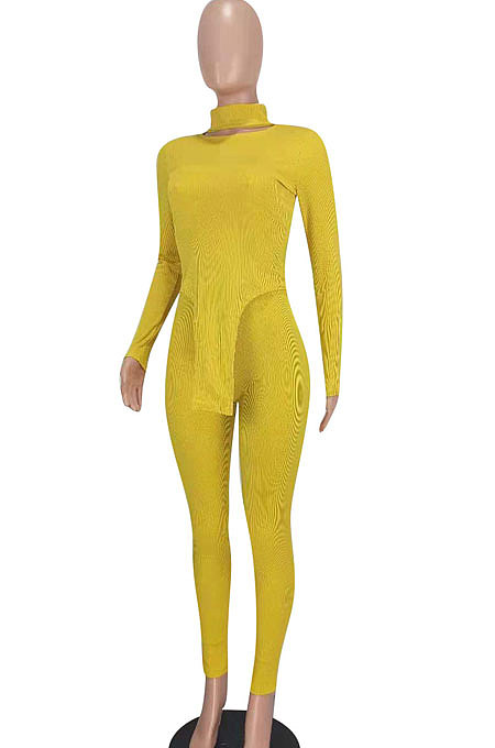 Yellow Women Solid Color High Collar Ribber Irregular Top Pants Sets ED8531-1