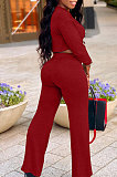 Gray Women Trendy Pure Color Round Collar Long Sleeve Crop Bandage Loose Pants Sets JP1053-2