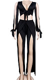 Black Women Sexy Deep V Collar Pure Color High Waist Hollow Out Spliced Pants Sets KA7214-1