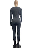Black Women Solid Color Casual Round Collar Long Sleeve Hollow Out Ruffle Sleeve Split Bodycon Jumpsuits JP1055-1