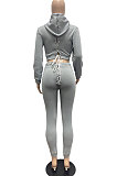 Gray Lady Autumn Winter Sexy Casual Crop Hoodie Bandage Zipper Sweater And Velvet Pants Sets JP1056-2