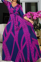 Blue Purple Fashion Luxe Design Printed Half Sleeve Collect Waist Swing For Party Maxi Dress X9330-2