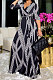 Black White Fashion Luxe Design Printed Half Sleeve Collect Waist Swing For Party Maxi Dress X9330-1