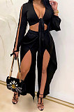 Black Women Sexy Deep V Collar Pure Color High Waist Hollow Out Spliced Pants Sets KA7214-1