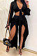 Black Women Sexy Deep V Collar Pure Color High Waist Hollow Out Spliced Pants Sets KA7214-1