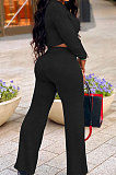 Royal Blue Women Trendy Pure Color Round Collar Long Sleeve Crop Bandage Loose Pants Sets JP1053-4